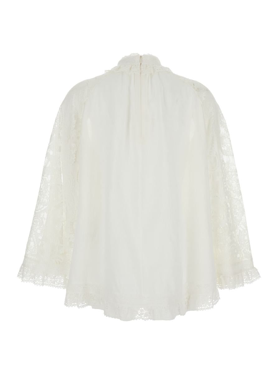 'Ascension' White Blouse With Lace Panels And Scallop Hem In Ramie Woman